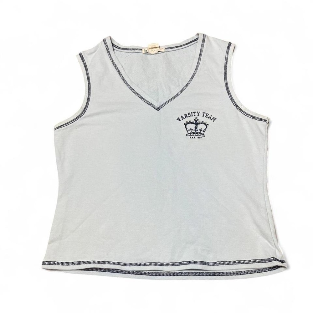 vintage style light blue Varsity Team tank top with dark blue stitching